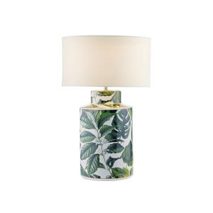 Filip 1 Light E27 Green Leaf Print Table Lamp With Inline Switch C/W Pyramid White Linen 35cm Drum Shade