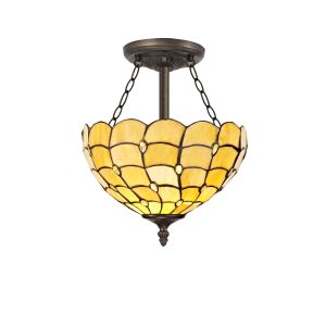 Florence 3 Light Semi Flush E27 With 30cm Tiffany Shade, Beige/Clear Crystal/Aged Antique Brass