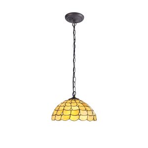Florence 1 Light Downlighter Pendant E27 With 40cm Tiffany Shade, Beige/Clear Crystal/Aged Antique Brass