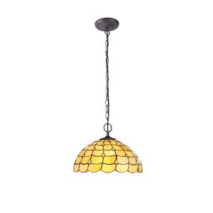Florence 2 Light Downlighter Pendant E27 With 40cm Tiffany Shade, Beige/Clear Crystal/Aged Antique Brass