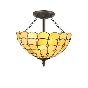 Florence 3 Light Semi Flush E27 With 40cm Tiffany Shade, Beige/Clear Crystal/Aged Antique Brass