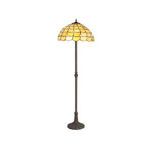 Florence 2 Light Leaf Design Floor Lamp E27 With 40cm Tiffany Shade, Beige/Clear Crystal/Aged Antique Brass