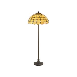 Florence 2 Light Stepped Design Floor Lamp E27 With 50cm Tiffany Shade, Beige/Clear Crystal/Aged Antique Brass