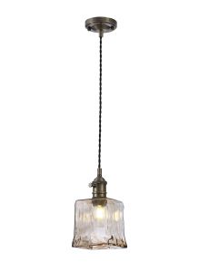 Frida Switched Pendant 1.5m, 1 x E27, Antique Brass / Black Twisted Cable / Brown Square Glass