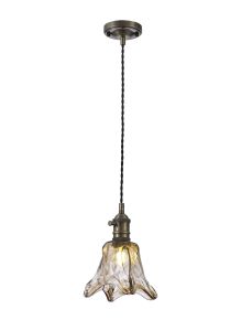 Frida Switched Pendant 1.5m, 1 x E27, Antique Brass / Black Twisted Cable / Brown Flower Glass