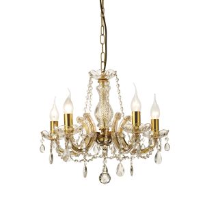 Gabrielle Chandelier With Glass Sconce & Glass Crystal Droplets 5 Light E14 Polished Brass Finish