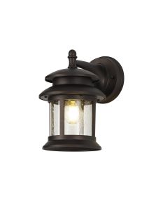 Garda Down Round Wall Lamp, 1 x E27, IP44, Antique Bronze/Clear Seeded Glass, 2yrs Warranty