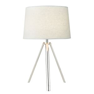 Griffith 1 Light E27 Polished Chrome Tripod Table Lamp With Inline Switch C/W Grey Linen Shade