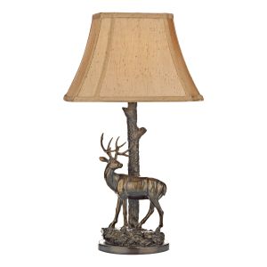 Gulliver 1 Light E27, Aged Brass Deer Table Lamp With Inline Switch C/W Gold Textured Faux Silk Shade.