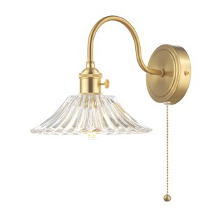 Hadano 1 Light E14 Natural Brass Wall Light With Pull Cord C/W Flared Glass Shade