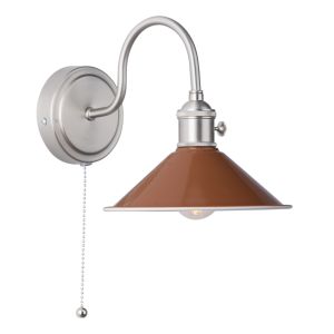 Hadano 1 Light E14 Antique Chrome Wall Light With Pull Cord C/W Umber Shade