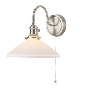 Hadano 1 Light E14 Antique Chome Wall Light With Pullcord Switch C/W White Ceramic Shallow Shade