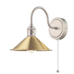 Hadano 1 Light E14 Antique Chrome Wall Light With Pull Cord C/W Aged Brass Shade