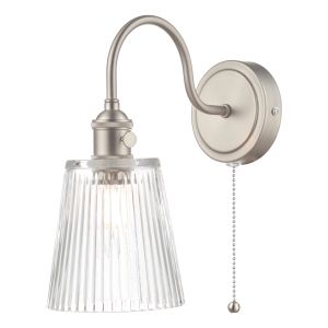 Hadano 1 Light E14 Antique Chrome Wall Light With Pull Cord C/W Ribbed Glass Shades