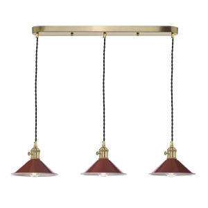 Hadano 3 Light E14 Natural Brass Adjustable Linear Bar Pendant C/W Umber Shades