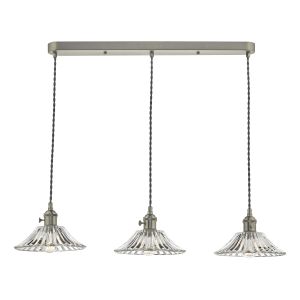 Hadano 3 Light Antique Chrome Adjustable Linear Bar Pendant Flared Glass Shades Finish