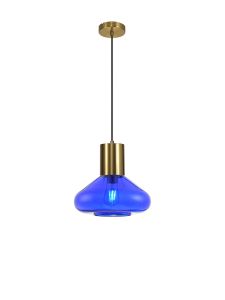 Hark Wide Pendant, 1 x E27, Aged Brass/Blue Ink Glass