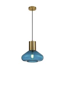 Hark Wide Pendant, 1 x E27, Aged Brass/Teal Blue Glass