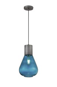 Hark Narrow Pendant, 1 x E27, Pewter/Teal Blue Glass