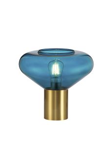 Hark Wide Table Lamp, 1 x E27, Aged Brass/Teal Blue Glass