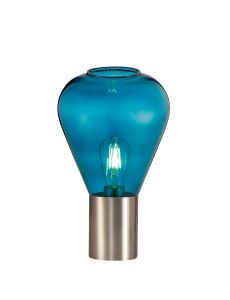 Hark Narrow Table Lamp, 1 x E27, Satin Nickel/Teal Blue Glass