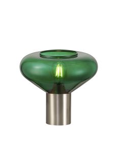 Hark Wide Table Lamp, 1 x E27, Satin Nickel/Bottle Green Glass