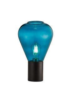 Hark Narrow Table Lamp, 1 x E27, Satin Black/Teal Blue Glass