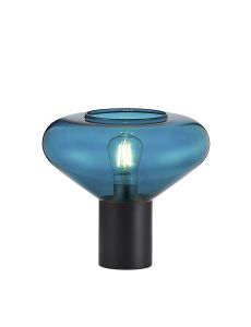 Hark Wide Table Lamp, 1 x E27, Satin Black/Teal Blue Glass