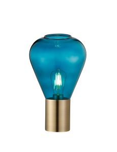 Hark Narrow Table Lamp, 1 x E27, Antique Brass/Teal Blue Glass