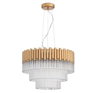 Quintessa 7 Light E14 Adjustable Ceiling Pendant Light In Gold With Crystal Rods