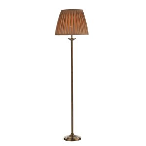 Hatton 1 Light E14 Antique Brass Ribbed Stem Floor Lamp With Inline Foot Switch C/W Pinch Pleat Grey Gold Silk Shade