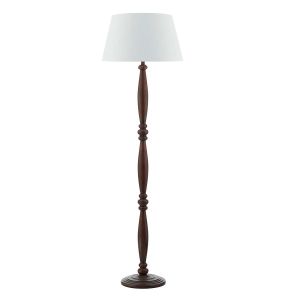 Hayward 1 Light E27 Dark Wood Effect Floor Lamp With Inline Foot Switch C/W Cezanne White Faux Silk Tapered 45cm Drum Shade