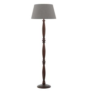 Hayward 1 Light E27 Dark Wood Effect Floor Lamp With Inline Foot Switch C/W Cezanne Grey Faux Silk Tapered 45cm Drum Shade