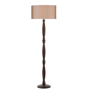 Hayward 1 Light E27 Dark Wood Effect Floor Lamp With Inline Foot Switch C/W Sabre Silver Faux Silk 45.5cm Oval Shade