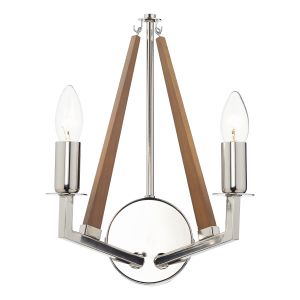 Hotel 2 Light E14 Polished Nickel Wall Light With Pull Switch & Wood Detailing