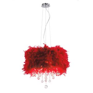 Ibis Pendant With Red Feather Shade 3 Light E14 Polished Chrome/Crystal