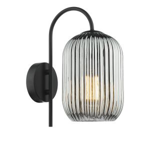 Idra 1 Light E27 Matt Black Wall Light With Pullcord Switch C/W Smoked Ribbed Glass Shade