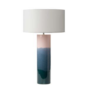 Ignatio 1 Light E27 Pink With Blue Ceramic Table Lamp With Inline Switch C/W Puscan Ivory Cotton 40cm Drum Shade