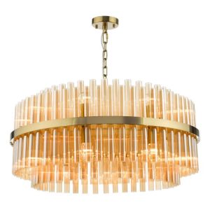Imani 16 Light E14 Natural Brass Adjustable Pendant With Champagne Ribbed Glass Rods