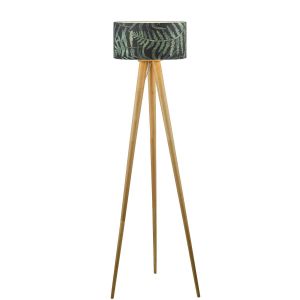 Ivor 1 Light E27 Light Oak Tripod Floor Lamp With Inline Foot Switch C/W Bamboo Green Leaf Cotton 49cm Drum Shade