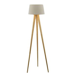 Ivor 1 Light E27 Light Oak Tripod Floor Lamp With Inline Foot Switch C/W Cezanne Taupe Faux Silk Tapered 45cm Drum Shade