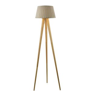 Ivor 1 Light E27 Light Oak Tripod Floor Lamp With Inline Foot Switch C/W Degas Taupe Faux Silk Tapered 45cm Drum Shade
