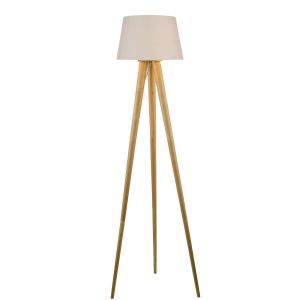 Ivor 1 Light E27 Light Oak Tripod Floor Lamp With Inline Foot Switch C/W Puscan Ccrain Cotton Tapered 45cm Drum Shade