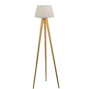 Ivor 1 Light E27 Light Oak Tripod Floor Lamp With Inline Foot Switch C/W Ulyana Ivory Faux Silk Pleated 45cm Shade