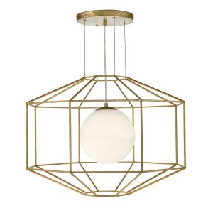 Izmir 1 Light E27 Gold Leaf Adjustable Hexagonal Pendant Hexagonal With A Soft White Opal Glass Globe