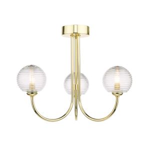 Jared 3 Light G9 Polished Gold Semi Flush Ceiling Fitting C/W Clear Closed Ribbed Glass Shades
