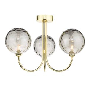 Jared 3 Light G9 Polished Gold Semi Flush Ceiling Fitting C/W Smoked Dimpled Glass Shades