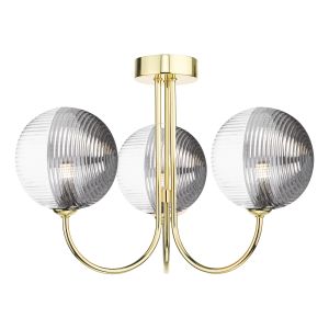 Jared 3 Light G9 Polished Gold Semi Flush Ceiling Fitting C/W 15cm Smoked & Clear Ribbed Glass Shades
