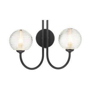 Jared 2 Light G9 Matt Black Wall Light With Pull C/W Clear Closed Ribbed Glass Shades
