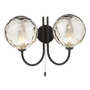 Jared 2 Light Matt Black Wall Light With Pull Cord C/W Smoked Dimpled Glass Shades